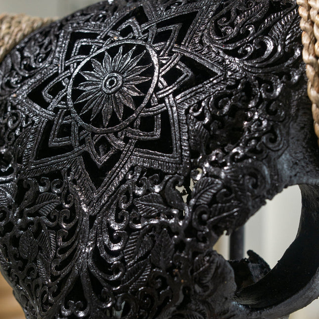 Hand Carved Longhorn Skull // XL Horns - Black Mandala