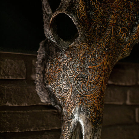Hand Carved Longhorn Skull - Antique Gray Fine Line