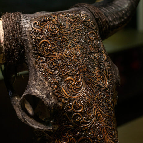 Hand Carved Cow Skull - Antique Gray Fine Line