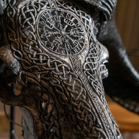 Hand Carved Ram Skull - Gray Vegvísir