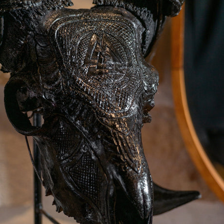 Hand Carved Ram Skull - Black Valknut