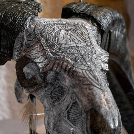Hand Carved Ram Skull - Gray Valknut