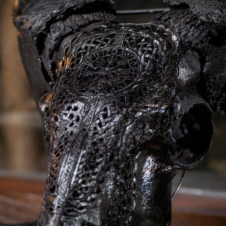 Hand Carved Ram Skull - Black Vegvísir