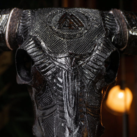 Hand Carved Buffalo Skull - Black Valknut