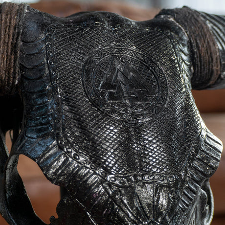Hand Carved Cow Skull - Black Valknut