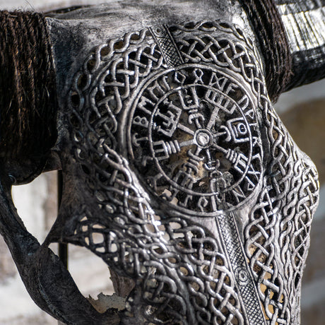 Hand Carved Cow Skull - Gray Vegvísir