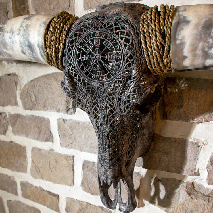 Hand Carved Longhorn Skull // XL Horns - Gray Vegvísir – Skull Bliss