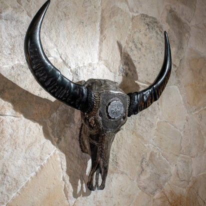 イノシシヘッドスカル Hand Carved Buffalo Skull - Gray Nordic Compass – Skull Bliss
