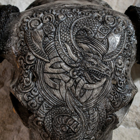 Hand Carved Buffalo Skull - Gray Jormungandr