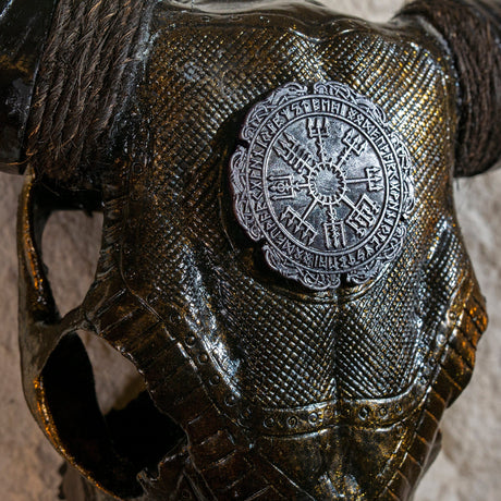 Hand Carved Cow Skull - Antique Bronze Nordic Compass // Metallic Finish