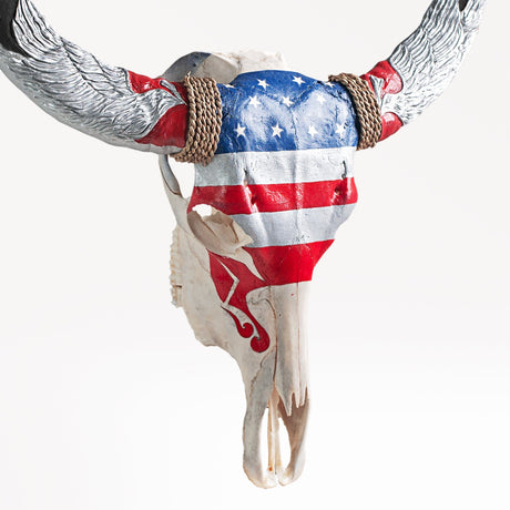 Hand Carved Buffalo Skull - Stars & Stripes