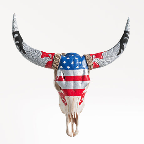 Hand Carved Cow Skull - Stars & Stripes