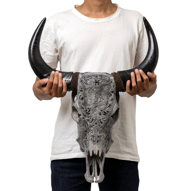 Hand Carved Cow Skull - Gray Pisces