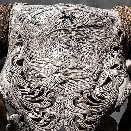 Hand Carved Cow Skull - Gray Pisces