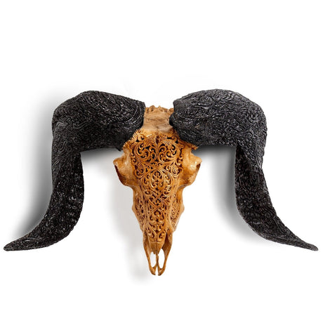 Hand Carved Ram Skull - Antique Swirls