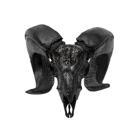 Hand Carved Ram Skull - Black Vegvísir