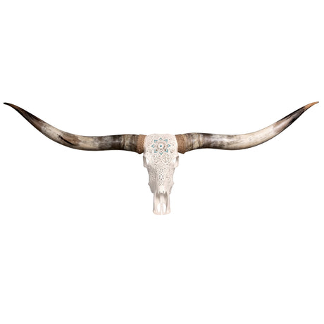 Hand Carved Longhorn Skull // XL Horns - White Glowing Mandala