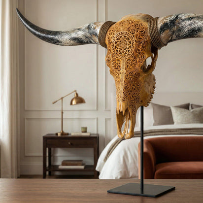 Hand Carved Longhorn Skull - Antique Sun – Skull Bliss