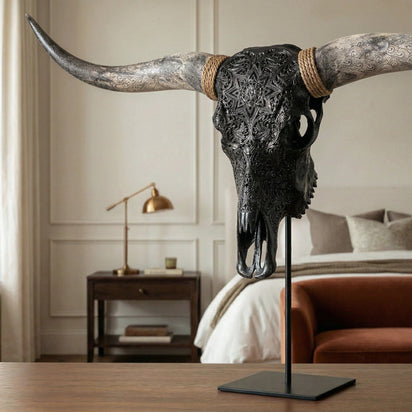 Hand Carved Longhorn Skull - Black Mandala – Skull Bliss