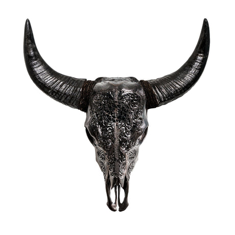 Hand Carved Cow Skull - Black Sun