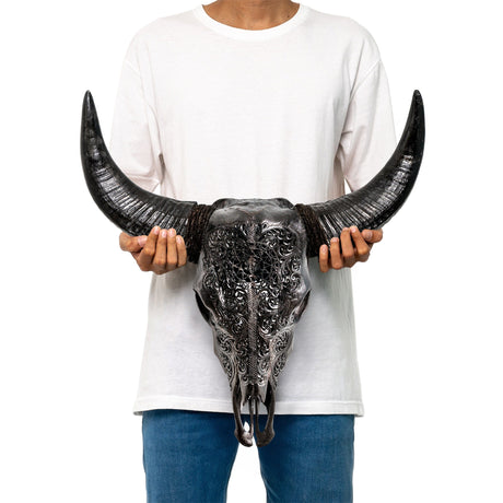 Hand Carved Cow Skull - Black Sun