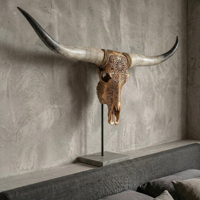Hand Carved Longhorn Skull - Golden Mandala – Skull Bliss