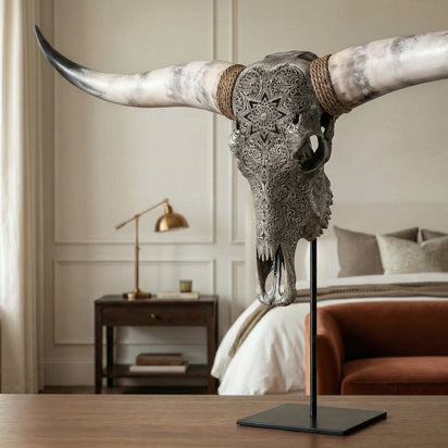 Hand Carved Longhorn Skull - Gray Mandala – Skull Bliss
