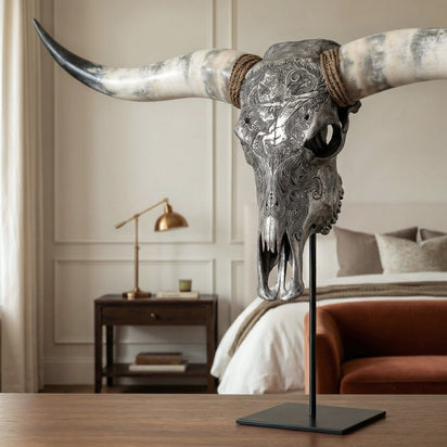 Hand Carved Longhorn Skull - Gray Sagittarius – Skull Bliss