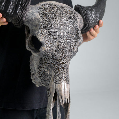 Hand Carved Buffalo Skull - Gray Lotus