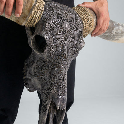 Hand Carved Longhorn Skull - Gray Mandala – Skull Bliss