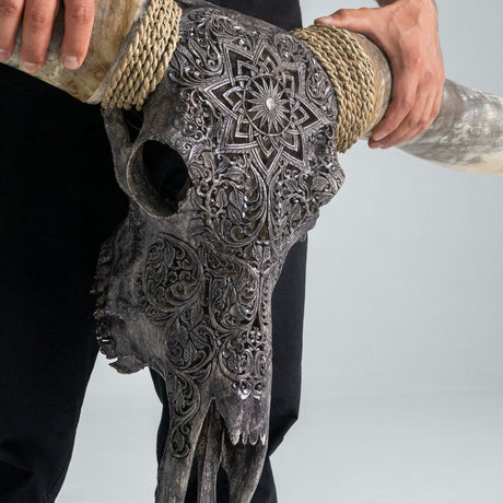 Hand Carved Longhorn Skull - Gray Mandala