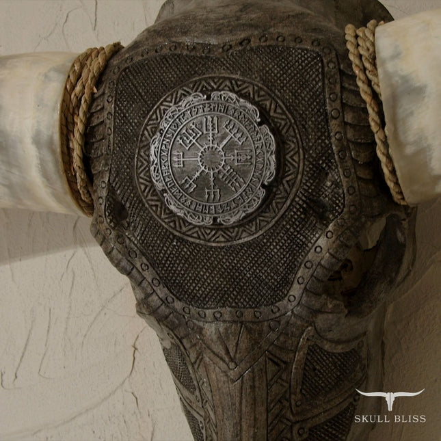 Hand Carved Longhorn Skull - Gray Nordic Compass – Skull Bliss