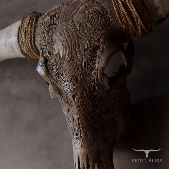 Hand Carved Longhorn Skull - Gray Gemini – Skull Bliss