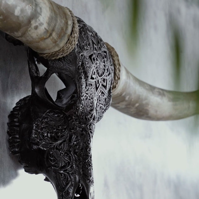 Hand Carved Longhorn Skull // XL Horns - Black Mandala – Skull Bliss