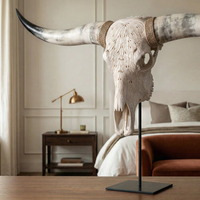 Hand Carved Longhorn Skull - White Feathers – Skull Bliss