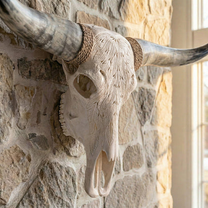 Hand Carved Longhorn Skull - White Feathers – Skull Bliss