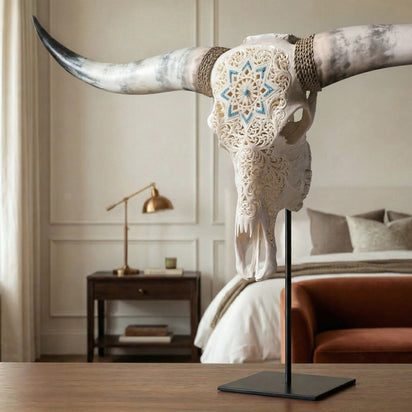Hand Carved Longhorn Skull - White Glowing Mandala – Skull Bliss