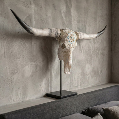 Hand Carved Longhorn Skull - White Glowing Mandala – Skull Bliss