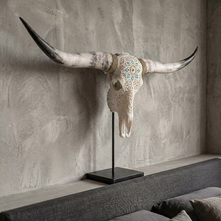 Hand Carved Longhorn Skull - White Glowing Mandala – Skull Bliss