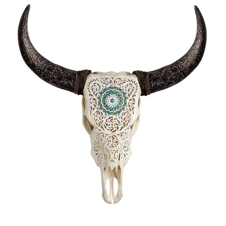 Hand Carved Cow Skull - Turquoise Orbit