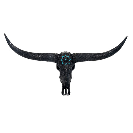 Hand Carved Longhorn Skull // Black Longhorns - Black Glowing Mandala