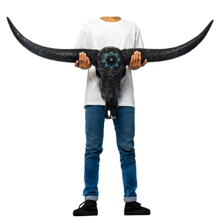 Hand Carved Longhorn Skull // Black Longhorns - Black Glowing Mandala