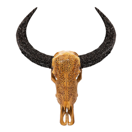 Hand Carved Buffalo Skull - Antique Sun