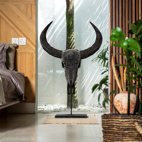 Hand Carved Buffalo Skull - Black Sun