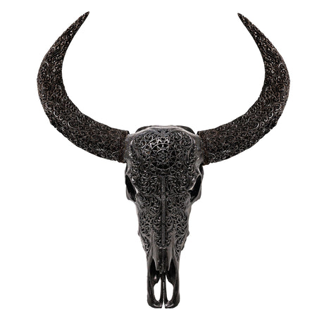 Hand Carved Buffalo Skull - Black Sun