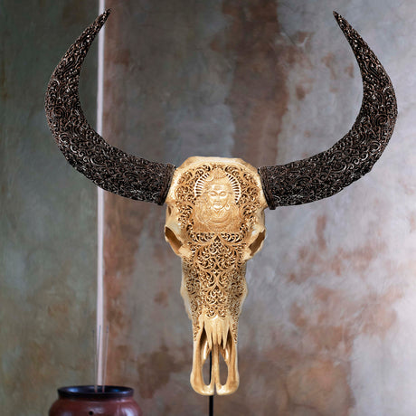 Hand Carved Buffalo Skull - Golden Shiva