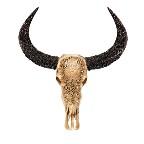 Hand Carved Buffalo Skull - Golden Shiva