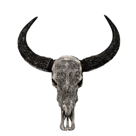 Hand Carved Buffalo Skull - Gray Gothic Cross