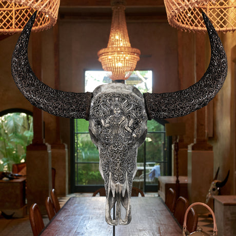 Hand Carved Buffalo Skull - Gray Vishnu
