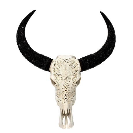 Hand Carved Buffalo Skull - White Lotus
